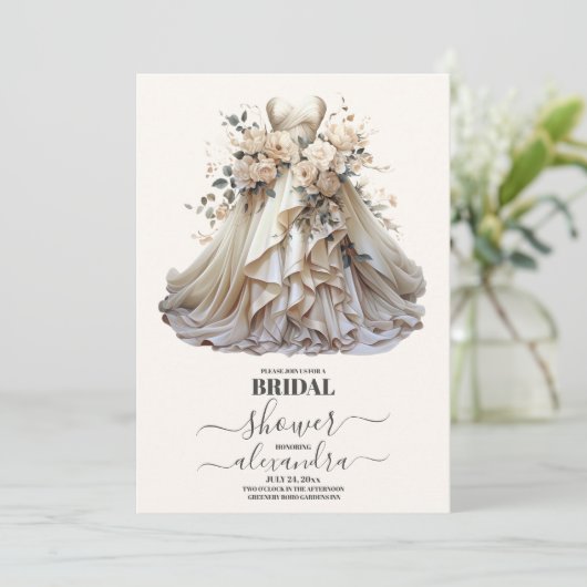クリームアイボリーフローラ結婚ズドレスブライダルシャワー 招待状 (スタンド正面)