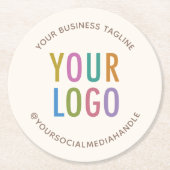 クリームアイボリーベージュ色紙コースターカスタムズロゴラウンド ラウンドペーパーコースター (正面)
