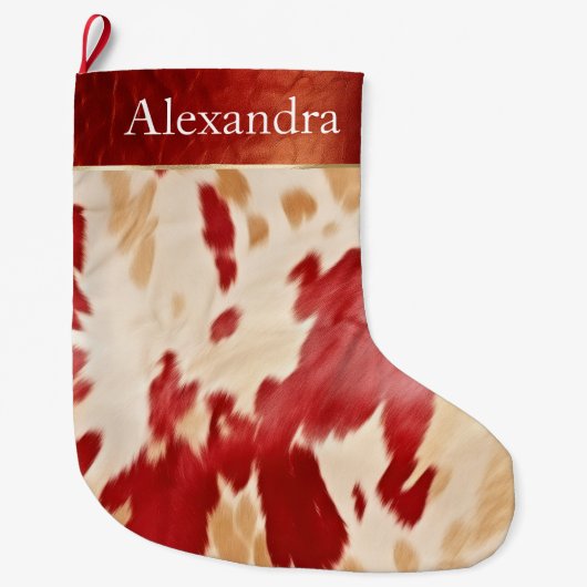 クリームアイボリーレッドウエスタンコーウィドクリスマスネーム ラージクリスマスストッキング (正面)