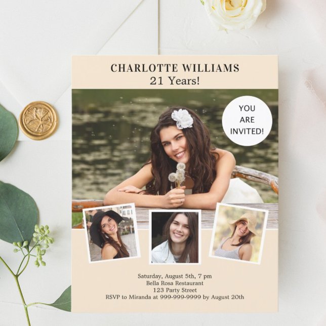 クリームアイボリー写真コラージュ誕生日の招待状 (クリエイターアップロード済み)