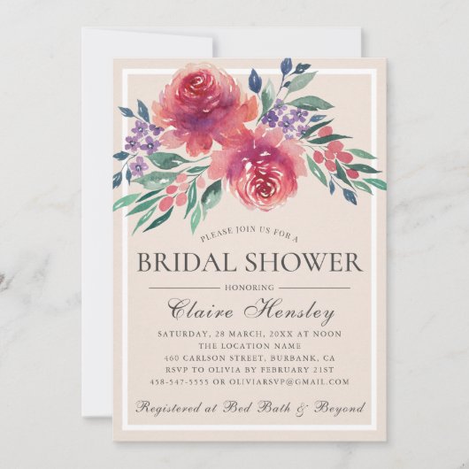 クリームアイボリー水彩フローラブライダルシャワー 招待状 (正面)