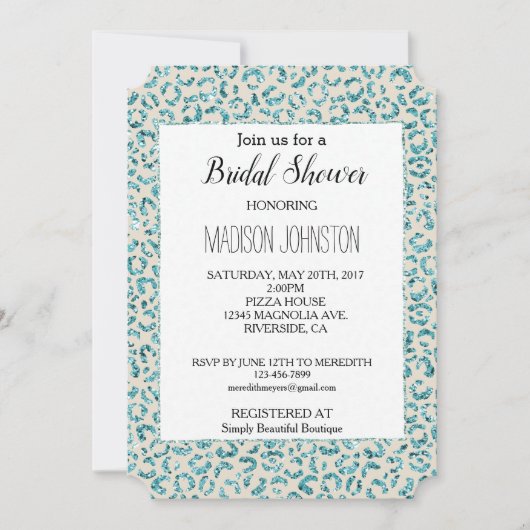 クリームアクアミントグリッターヒョウ動物 招待状 (正面)