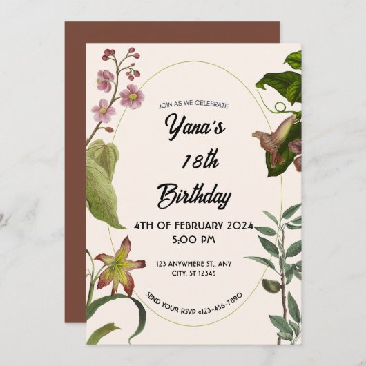 クリームアンドグリーンフローラ18誕生日 招待状 (正面/裏面)