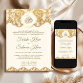 クリームアンドゴールドフォイルスレースイスラム結婚教徒 招待状