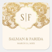 クリームアンドゴールドフォイルレースモノグラム結婚式の引き出物 スクエアシール (正面)