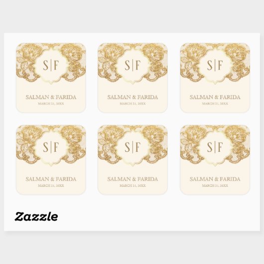 クリームアンドゴールドフォイルレースモノグラム結婚式の引き出物 スクエアシール (シート)