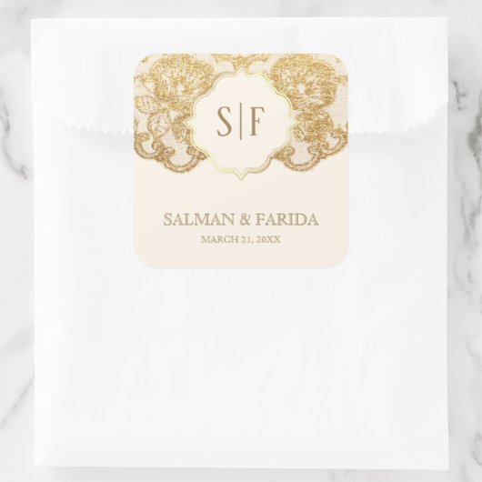 クリームアンドゴールドフォイルレースモノグラム結婚式の引き出物 スクエアシール (バッグ)