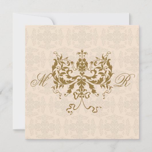 クリームアンドダマスクイニシャルスクエア結婚式招待状 招待状 (正面)