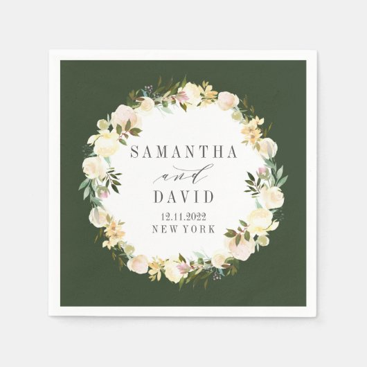 クリームアンドハンターグリーン結婚ズフローラパーソナライズされた スタンダードカクテルナプキン (正面)