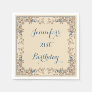 クリームアンドブルーアールヌーボーフローラ縁ど スタンダードカクテルナプキン