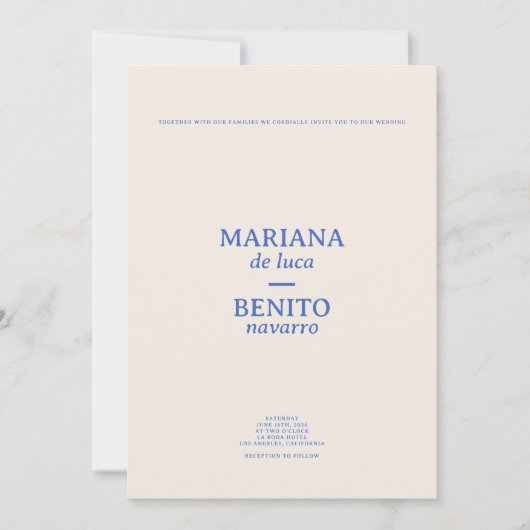 クリームアンドブルーモダンミニマリスト結婚写真 招待状 (正面)