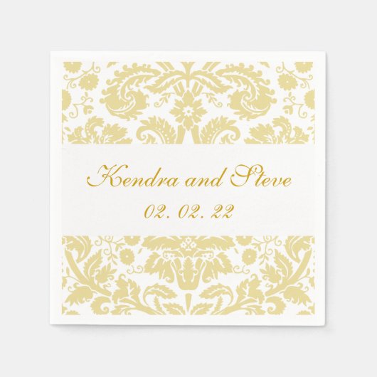 クリームアンドホワイトダマスクウェディング紙ナプキンス スタンダードカクテルナプキン (正面)