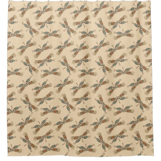 クリームイエローのトンボ模様 シャワーカーテン (正面)