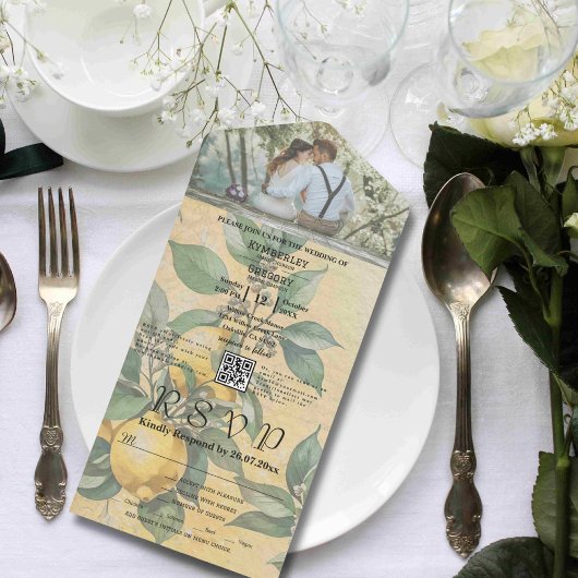 クリームイエローレモンオーチャードボタニカルQRコード オールインワン招待状