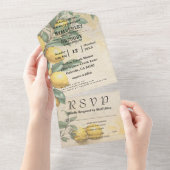 クリームイエローレモングリーンボタニカルミニマリスト オールインワン招待状 (貼ってはがせる)