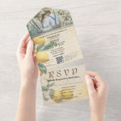 クリームイエローレモングリーンボタニカルQRコード オールインワン招待状 (貼ってはがせる)