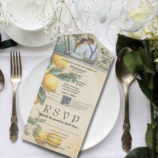 クリームイエローレモングリーンボタニカルQRコード オールインワン招待状