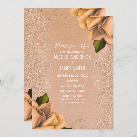 クリームイエローヴィンテージアンティークバラエレガントウェディング 招待状 (正面/裏面)