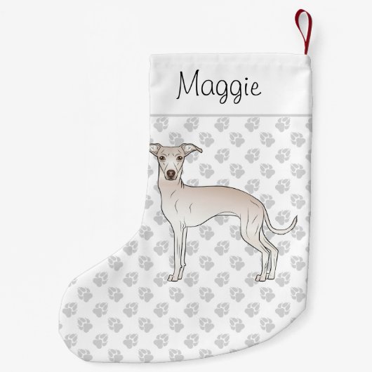 クリームイタリアングレイハウンド犬と名前をカスタムする スモールクリスマスストッキング (裏面)