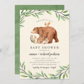 クリームウッドランド緑の森の動物ベビーシャワー 招待状 (正面/裏面)