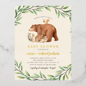 クリームウッドランド緑の森の動物ベビーシャワー 箔招待状ポストカード (正面)