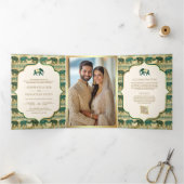 クリームエメラルドグリーン金ゴールドエレファントインディアン結婚ズ 三つ折り招待状 (内部)