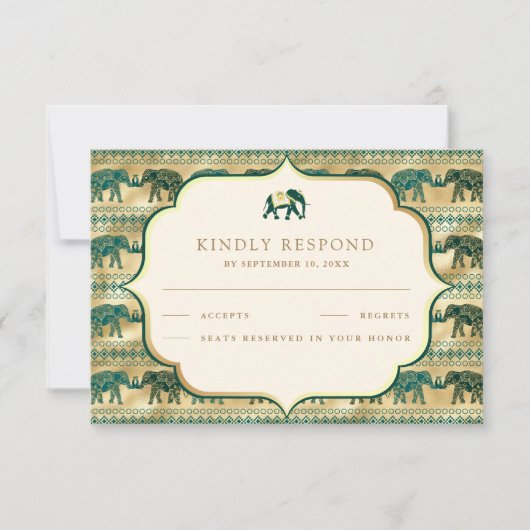 クリームエメラルドグリーン金ゴールドエレファントインディアン結婚ズ 出欠カード (正面)