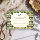 クリームエメラルドグリーン金ゴールドエレファントインディアン結婚ズ 出欠カード