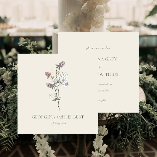 クリームエレガントセージのクローバー結婚式の日付を保存 招待状