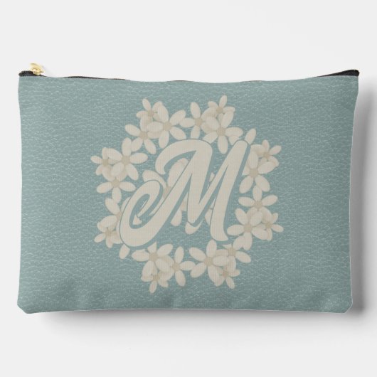 クリームエレガントフローラリースティール(緑がかった色)フェイクレザールック アクセサリーポーチ (正面)