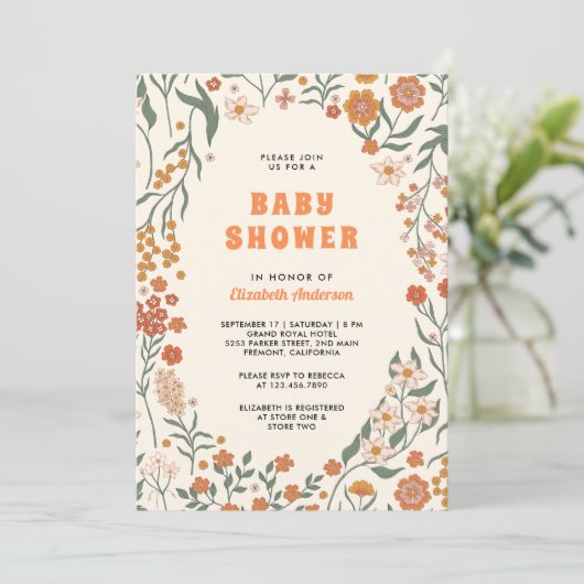 クリームオレンジのグルービーワイルドフラワーベビーシャワー 招待状 (スタンド正面)