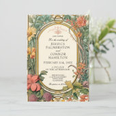 クリームオレンジグリーンヴィンテージ結婚フローラ 招待状 (スタンド正面)