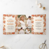 クリームオレンジグルービーレトロヤルドフラワー結婚ズ 三つ折り招待状 (内部)