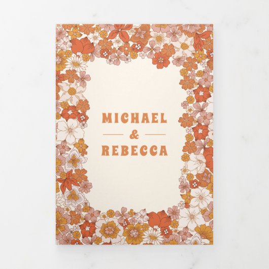 クリームオレンジグルービーレトロヤルドフラワー結婚ズ 三つ折り招待状 (カバー)