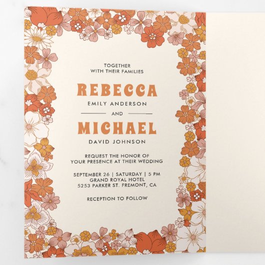 クリームオレンジグルービーレトロヤルドフラワー結婚ズ 三つ折り招待状 (内部最初)