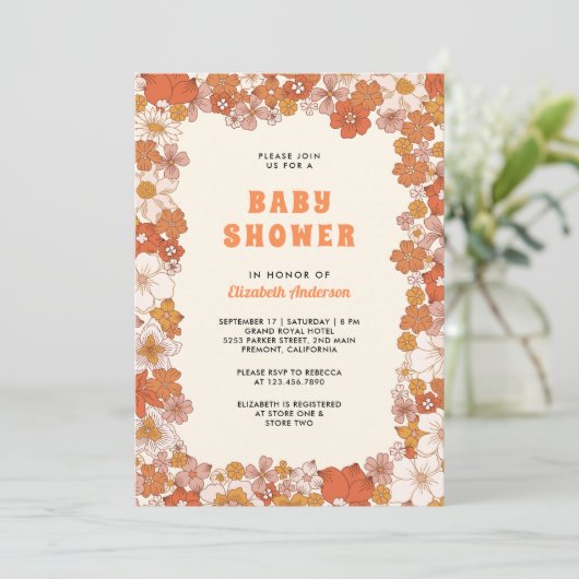 クリームオレンジグルービーレトロワイルドフラワーベビーシャワー 招待状 (スタンド正面)