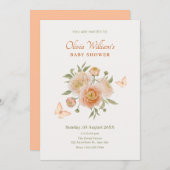 クリームオレンジ色の花開花蝶の赤ちゃんシャワー 招待状 (正面/裏面)