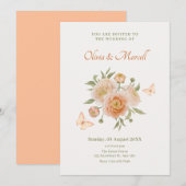 クリームオレンジ色の花開花蝶結婚の 招待状 (正面/裏面)