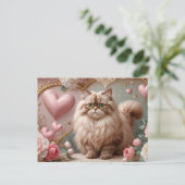 クリームカラーバレンタインデペルシャ猫とハート シーズンポストカード (スタンド正面)