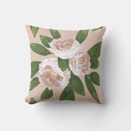 クリームガーデン調和：カメリアと緑 クッション (正面)