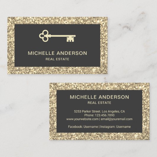 クリームグリッターヴィンテージアンティーク実在鍵エステート 名刺 (正面/裏面)