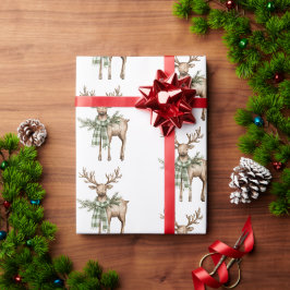 クリームグリーンのクリスマスツリーと鹿のラスティックブラウンボウ ラッピングペーパー