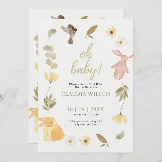 クリームグリーンウォーター色ベビーシャワー招待状 招待状 (正面/裏面)