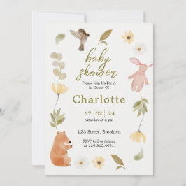 クリームグリーンウォーター色動物ベビーシャワー 招待状