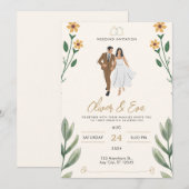 クリームグリーンシンプルイラスト結婚式招待状 招待状 (正面/裏面)