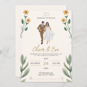 クリームグリーンシンプル図解入りの、写真付きの結婚式招待状 招待状 (正面/裏面)