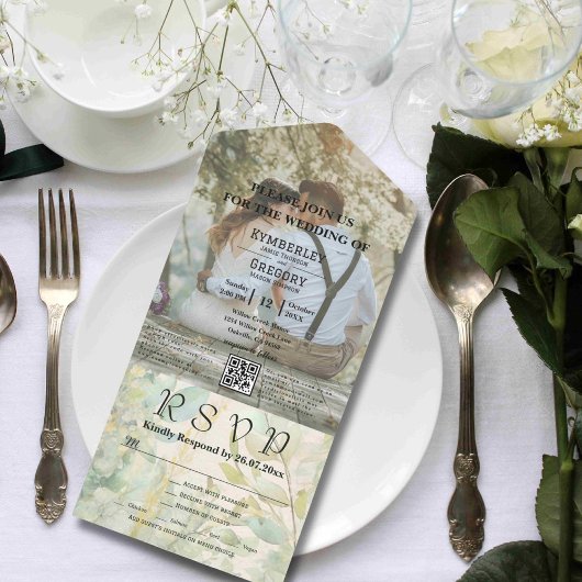 クリームグリーンユーカリ植物学QRコード オールインワン招待状