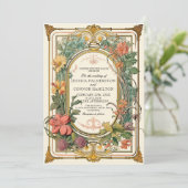 クリームグリーンヴィンテージ結婚フローラ 招待状 (スタンド正面)