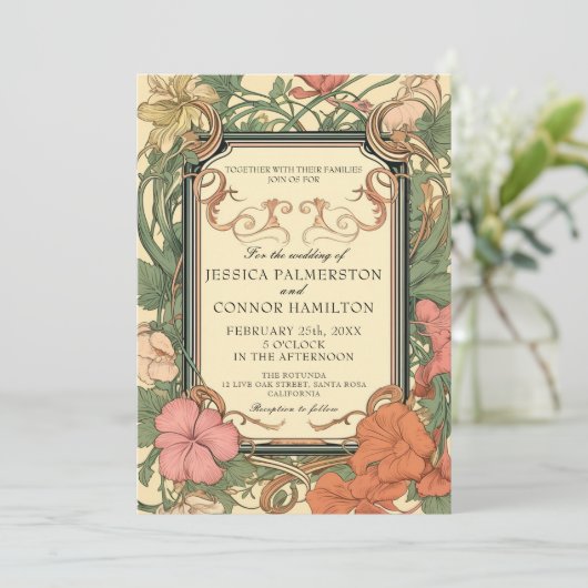 クリームグリーンヴィンテージ結婚フローラ 招待状 (スタンド正面)