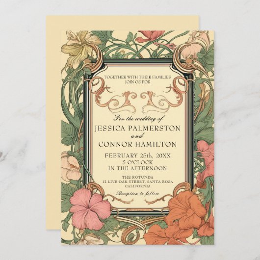 クリームグリーンヴィンテージ結婚フローラ 招待状 (正面/裏面)